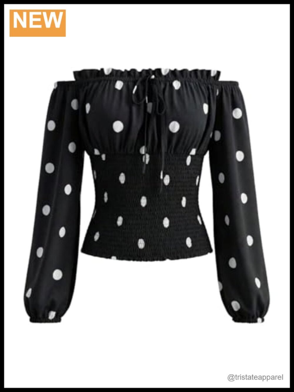 Off Shoulder Polka Dot Top Long Sleeve Tie Front Shirred Cinched Waist